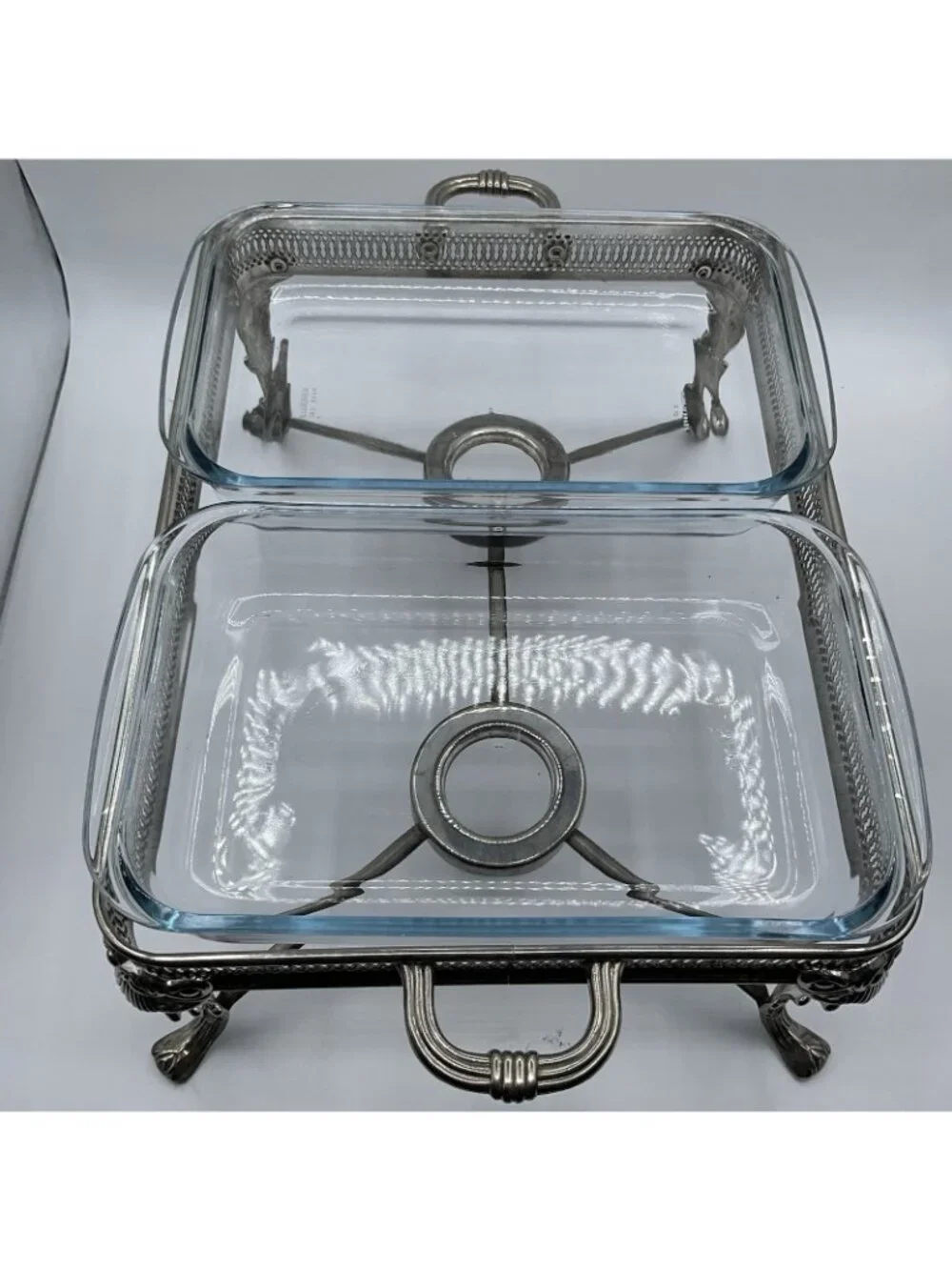 Vintage Silverplate Double Chafing Dish Buffet Server Glass Inserts Ornate Warm